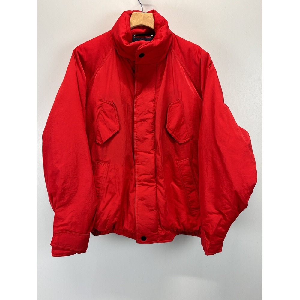 Vtg The Company Store Down Bomber Jacket Large Red EUC Zip Snap Warm